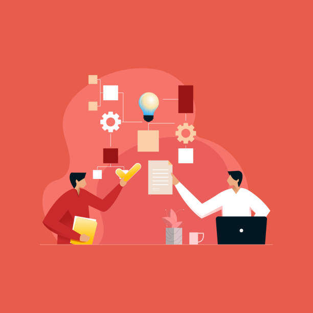 stockillustraties, clipart, cartoons en iconen met business team working for business process automation workflow, project management, task allocation vector - bedrijfsproces