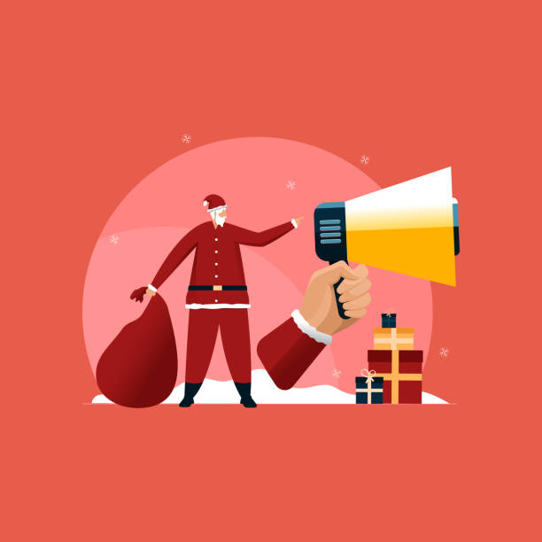 ilustrações, clipart, desenhos animados e ícones de papai noel de natal com grande saco cheio de presentes, venda de natal e anúncio de descontos, papai noel falando com megafone, conceito de vetor da big offer - winter public speaker megaphone snow