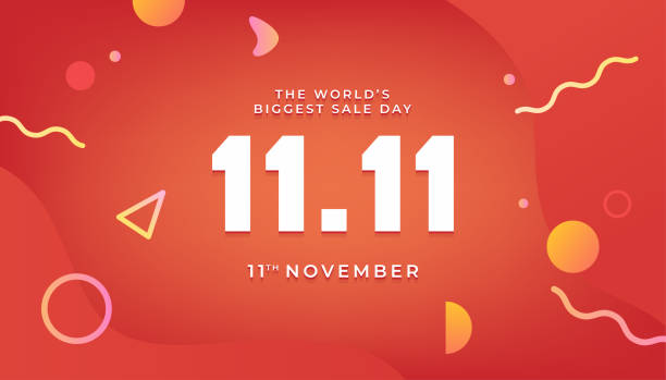 illustrazioni stock, clip art, cartoni animati e icone di tendenza di 11.11 modello banner vendita pubblicitaria. poster globale della giornata mondiale dello shopping su sfondo rosso. - final period