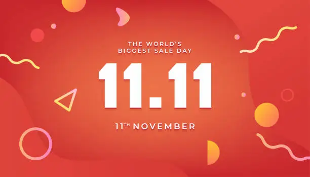 Vector illustration of 11.11 advertising sale banner template. Global shopping world sales day poster on red background.