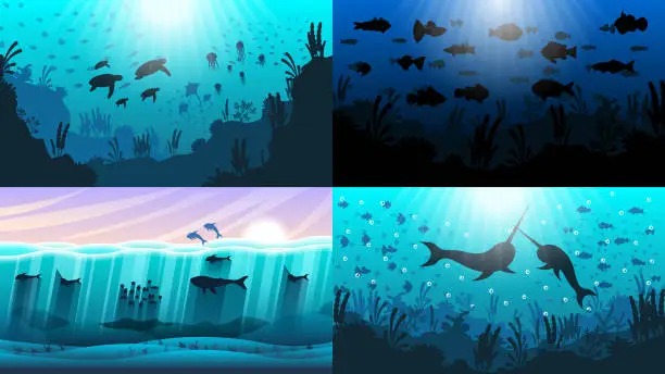 Vector illustration of Set Abstract Collection Blue Underwater Ocean Sea Nature Background Vector With Fishes And Shadows Seaweed Vector Design Style