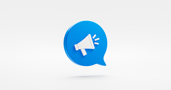 Altavoz azul icono 3d aislado sobre fondo de equipo de comunicación blanco con signo de megáfono símbolo de altavoz mensaje de voz o audio media volumen de sonido difusión y concepto de anuncio de grito. photo