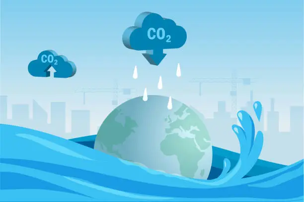 Vector illustration of World flooding and drowning from heavy rain on co2 pollution cloud. Global warming, climate change and carbon emission, environment pollution effected natural disaster to world.