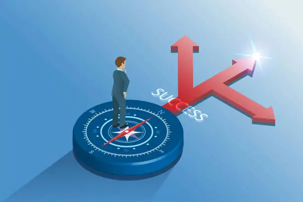 Vector illustration of Businessman on navigation compass showing way to success. Business vision and management strategy for business direction and solution achievement.