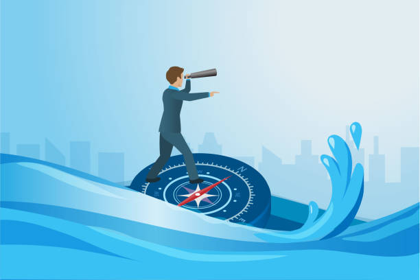 Businessman hold binocular on navigation compass find way for business survive on storming ocean. Business vision and management problem solving from global economic crisis. Businessman hold binocular on navigation compass find way for business survive on storming ocean. Business vision and management problem solving from global economic crisis. storming stock illustrations