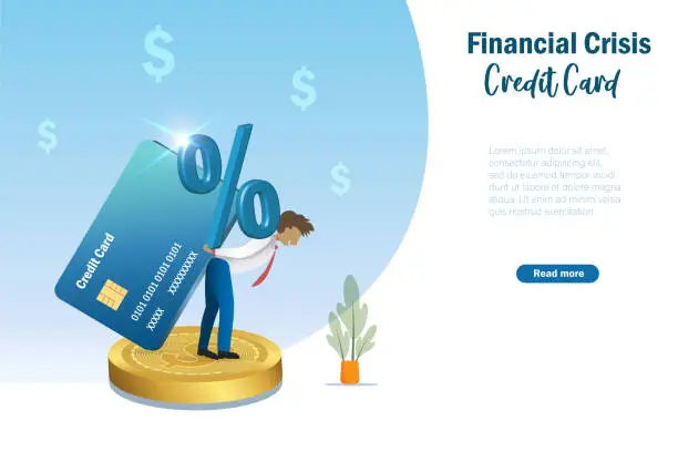 Vector illustration of Businessman carrying credit card with percentage interest on back. High interest rate on credit card spending, financial crisis and cost of living.