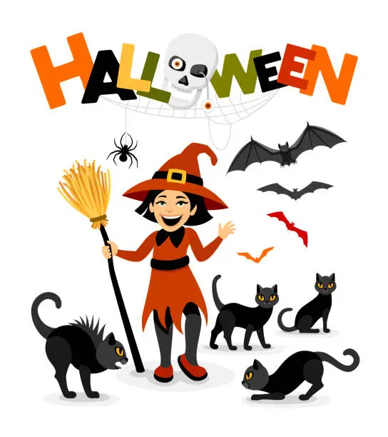 Vector illustration of Halloween Poster. Funny Witch with Funny Cats.