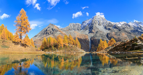 Panorama of Lac Bleu of Arolla lake in Canton Valais in colorful autumn