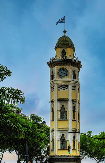 View of the Moorish clock tower on the Malecon or boardwalk in Guayaquil, Ecuador