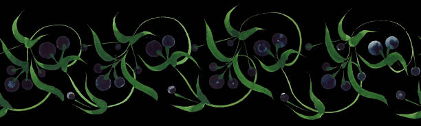 kwiatowa akwarela bezszwowy wzór obramowania z jagód i zielonych liści izolowanych na czarnym tle. tradycyjne malarstwo w stylu petrykowskim - black background panoramas fall flowers stock illustrations