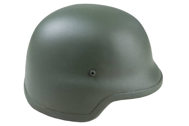 istock Army Kevlar helmet in khaki color, on a white background, side view 1433754030