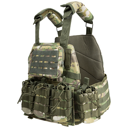 Body armor or army tactical vest, with pockets for ammunition, on a white background, isolate