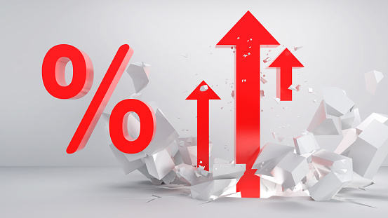 With a red arrow breaking the ground, the interest rate percentage increases on a light gray background., 3d rendering.
