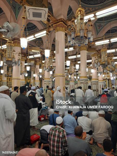 Beautiful Night View Of Rawdah In Masjid Al Nabawi Madinah Stock Photo - Download Image Now