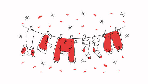 Santa clothes. Funny winter banner with Santa clothes. Christmas, New Year vector drawings in doodle style. Hand drawing. Isolated background. Vector illustration. cartoon of the clothes line stock illustrations