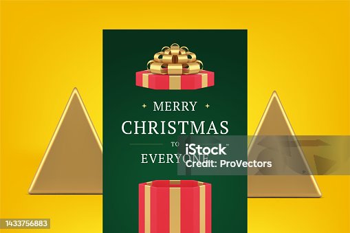 istock Open festive present pack Happy New Year greeting card template decorative design 3d icon vector 1433756883
