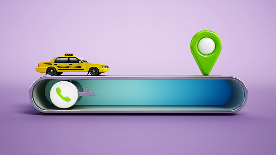 Generic taxi and GPS symbol standing on smartphone sliding button. Online and phone taxi delivery service concept