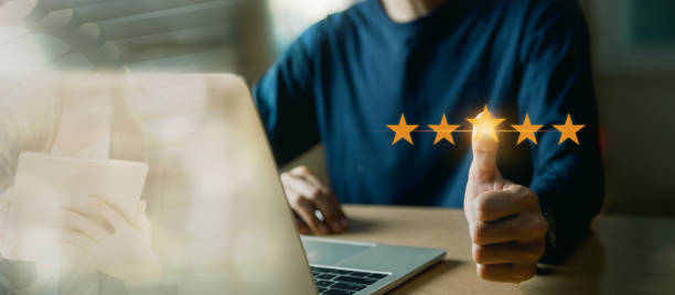 istock Customer services best excellent business rating experience. Satisfaction survey concept. user give rating to service experience on online application . 1433761575