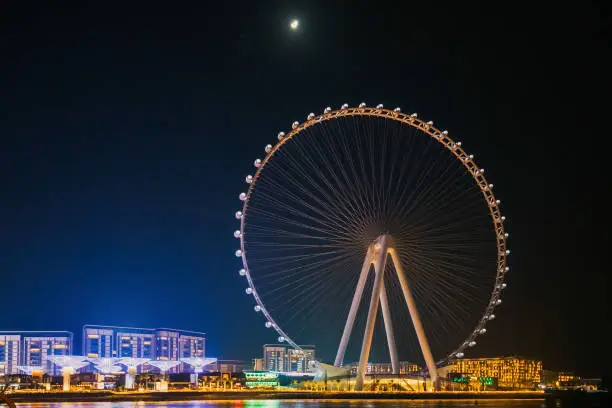 Night Weiw Of Ain Dubai is the world's largest and tallest observation wheel located on Bluewaters Island in Dubai Marina, Dubai, United Arab Emirates.