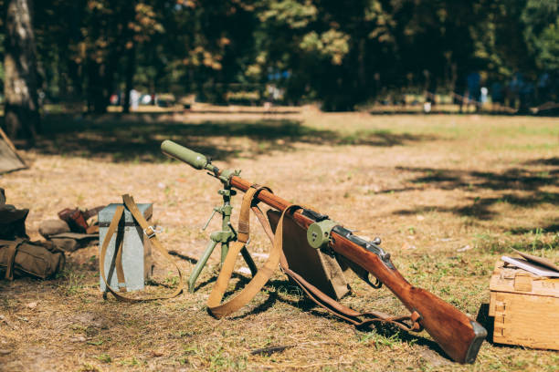 istock Old soviet russian rifle mosin nagant model 91 38. model 91 cossack receiver with m44 rear sight m 1944 stock and hand guard. rifle with 91 receiver and grenade launcher 1433765166