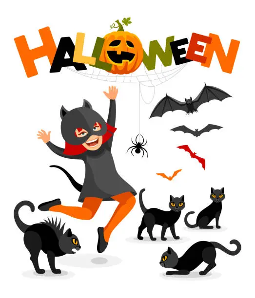 Vector illustration of Halloween Party Poster. Trick or Threat. Happy child. Funny Girl with Funny Cats.