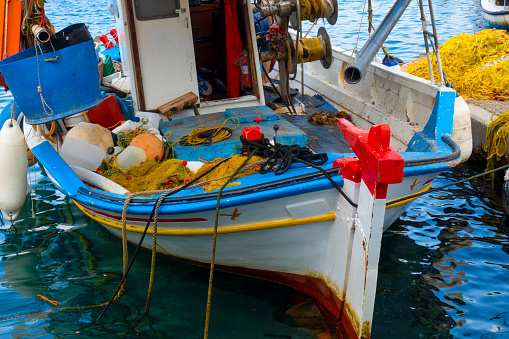 Fishing net and fisherman's boat in Asia Marina, Leros Island