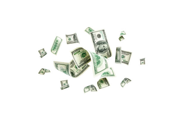 istock Money stack. Hundred dollars of America. Falling money isolated, us bill white background. 1433765960
