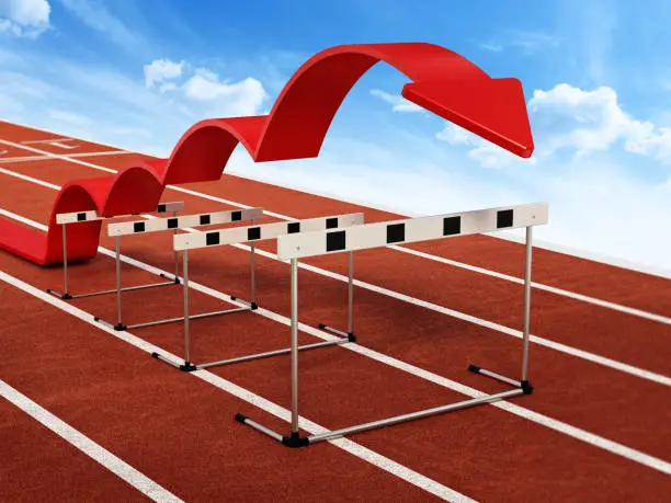 Red arrow jumping over the gradually growing obstacles. Overcoming the obstacles concept.