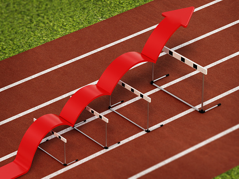 Red arrow jumping over the gradually growing obstacles. Overcoming the obstacles concept.