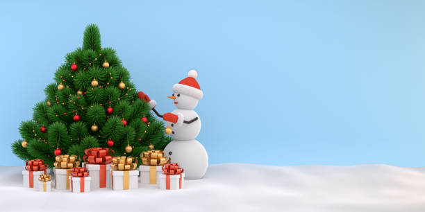 istock Christmas background. A snowman decorates a Christmas tree, gift boxes nearby. 3d illustration, postcard, flyer or banner in 2:1 format 1433772741