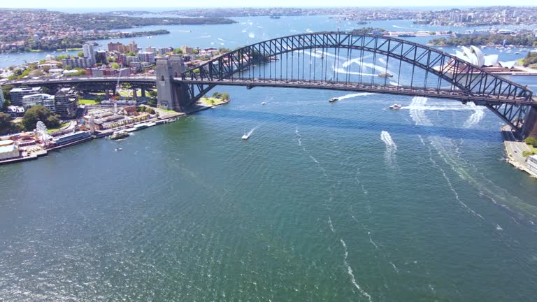 Aerial drone reverse pullback view of Sydney Harbour Bridge with Sydney Harbour in the background