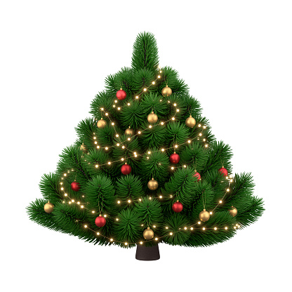 Green spruce tree with gold toys and garland. Isolated fir plant for decoration. 3d illustration.