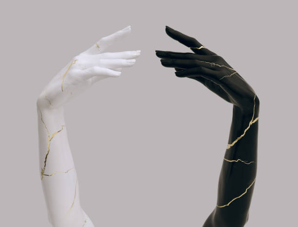 istock Black and white hands sculpture with gold cracks 3d rendering, touching gesture fashion concept and product presentation. 1433774817