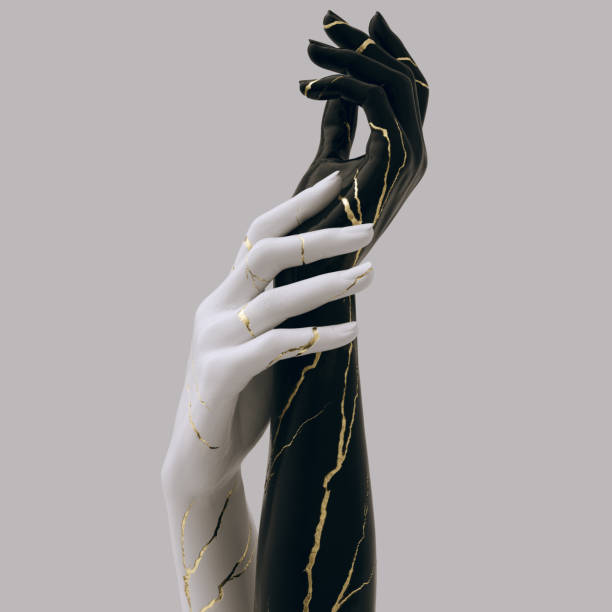 sculpture noir et blanc avec fissures dorées, concept d’art gestuel des mains, rendu 3d - body art photos et images de collection