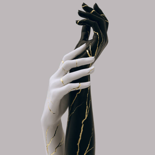 istock Black and white sculpture with gold cracks, hands gesture art concept, 3d rendering 1433775497