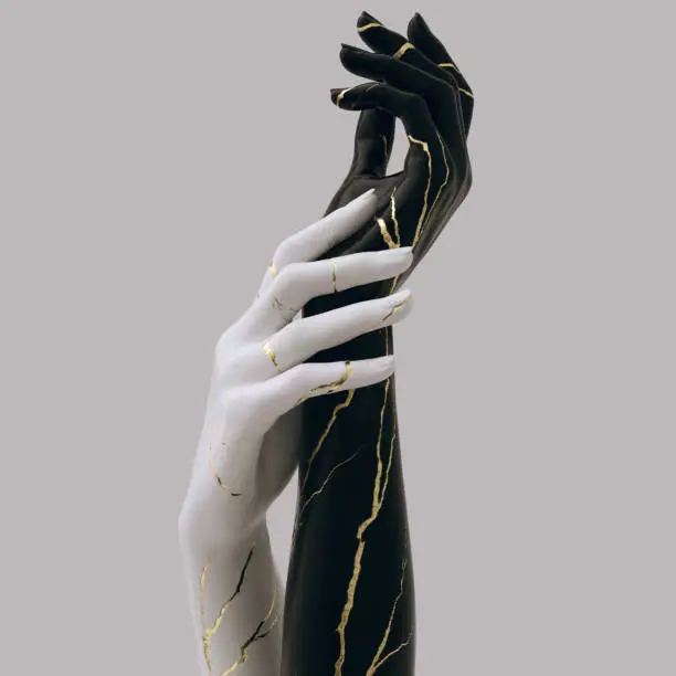 Black and white sculpture with gold cracks, hands gesture art concept, 3d rendering