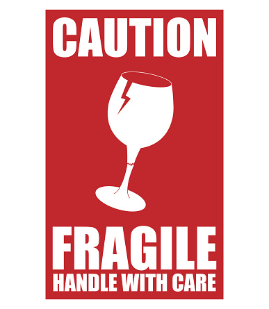 Sticker label isolated vector design of caution break glass fragile easy to break package, handle with care in red and with rectangle, carefully
