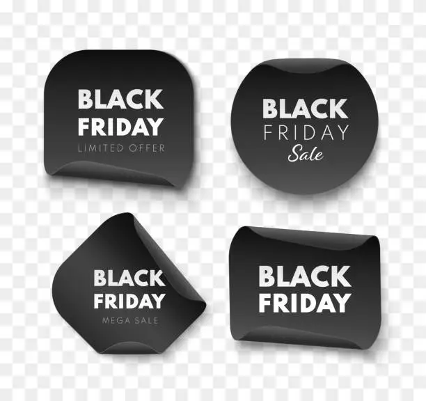 Vector illustration of Black Friday sale labels. Different shape ribbon banners collection. Vector price tags isolated.