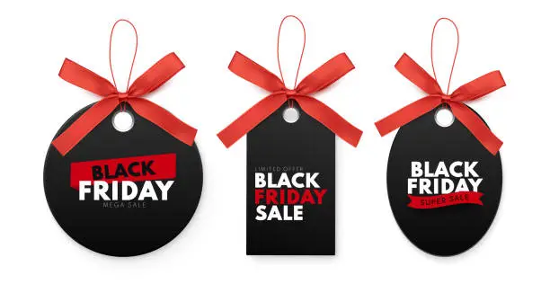 Vector illustration of Black Friday sale label with red bow and ribbon isolated on white background. Vector illustration