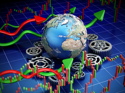 Globe, silver gears, financial graphs, rising and falling arrows on blue grid background. Global economy concept.\nMap link (Derived from): http://www.lib.utexas.edu/maps/world_maps/txu-oclc-264266980-world_pol_2008-2.jpg