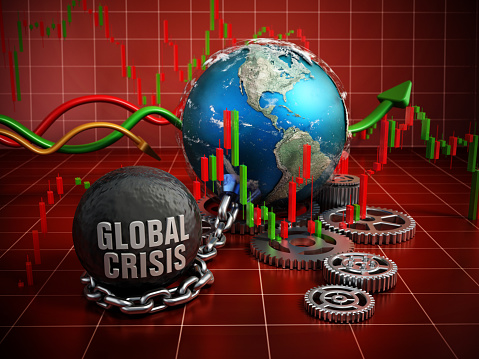 Chained globe, silver gears, financial graphs, rising and falling arrows on red grid background. Global economy concept.\nMap link (Derived from): http://www.lib.utexas.edu/maps/world_maps/txu-oclc-264266980-world_pol_2008-2.jpg