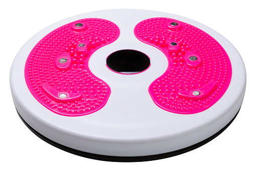rotary disk simulator, with pink overlays, for training the abdominal muscles, on a white background, isolate