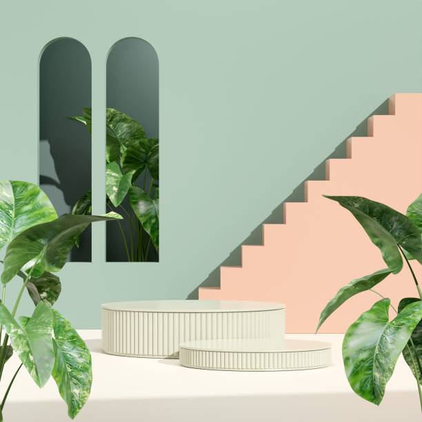 istock 3D rendering product display podium with plants in front, geometric stairs, arches in the background 1433784606