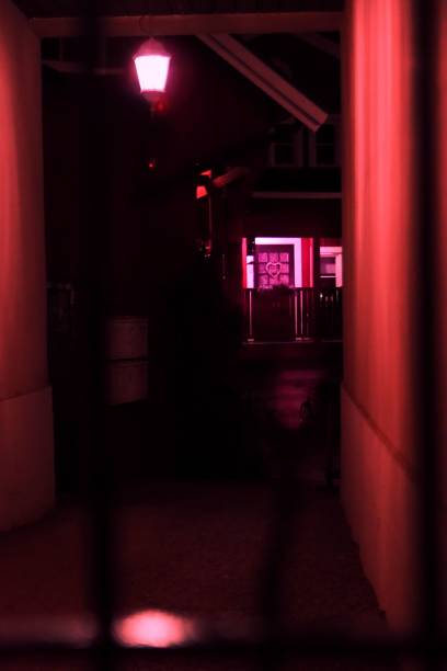 istock Vertical shot of a building hall covered with red light 1433786280