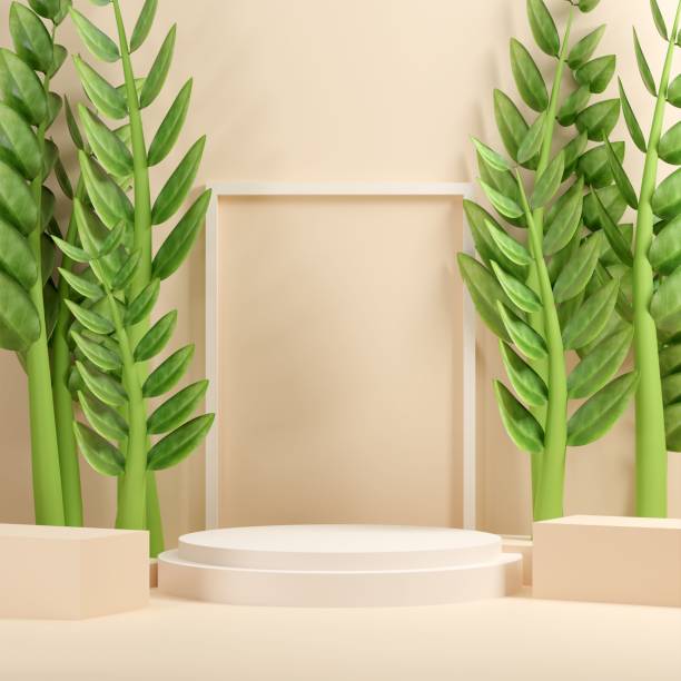 istock 3D rendering of green closely depicted Emerald palm branches on a pastel peach background 1433787582