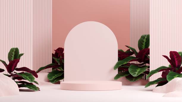 istock 3d rendering of leaves with a pink background and rocks 1433788760
