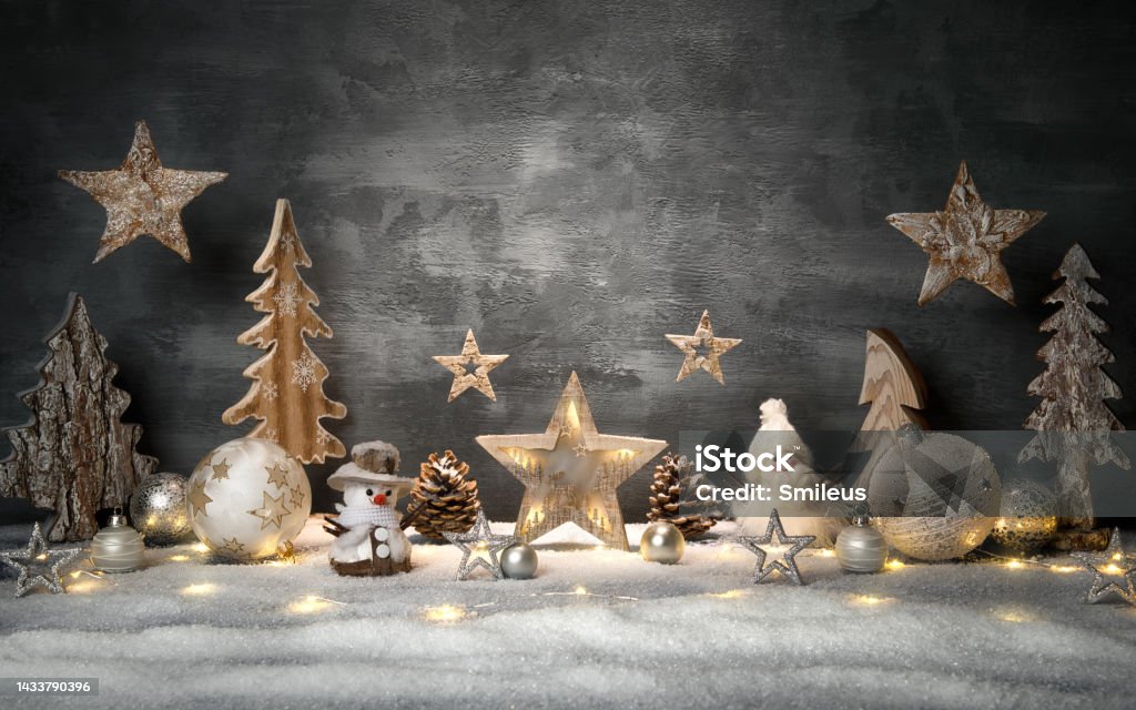 Weihnachtsdekorationsset mit grauem Hintergrund - Lizenzfrei Weihnachten Stock-Foto
