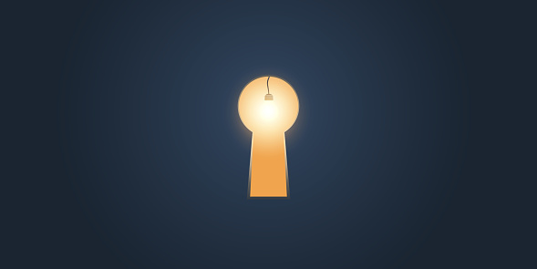 Key Hole on Dark Blue Wall with Glowing Light of a Bulb Coming Through from the Other Side - Template for Business, Vector Design in Editable Format