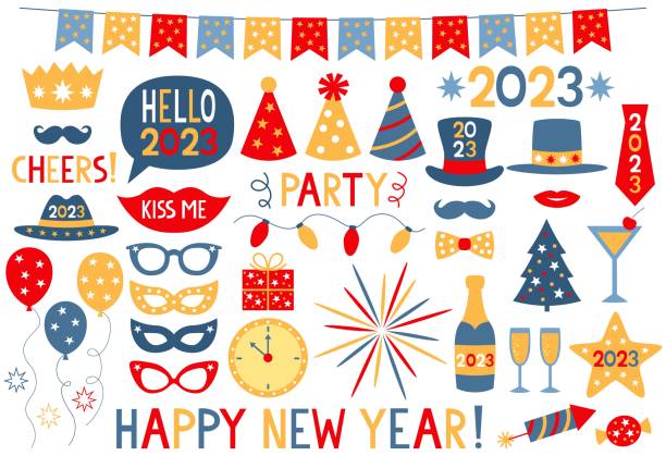 새해 복 많이 받으세요 2023 벡터 사진 부스 소품 및 파티 컬렉션 - 소품 stock illustrations