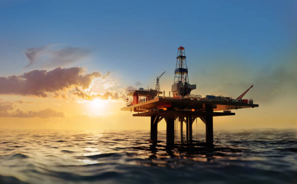 istock Offshore oil rig,  drilling rig, jack up rig, oil platform at the sea during sunset. 3D rendering illustration 1433795664